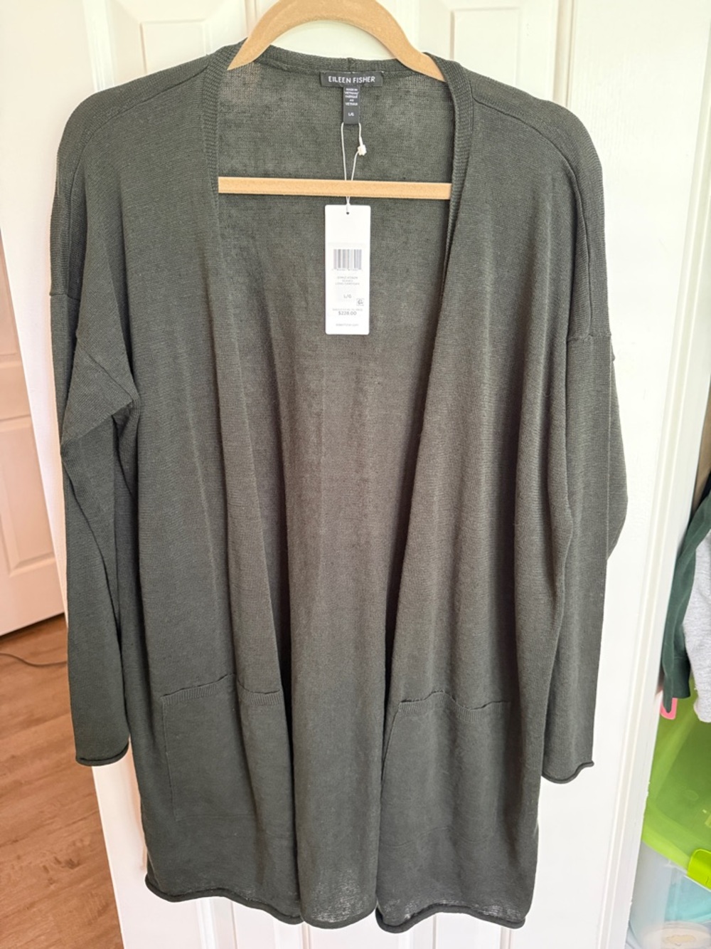 Eileen Fisher Olive Open-Front Long Cardigan Sweater